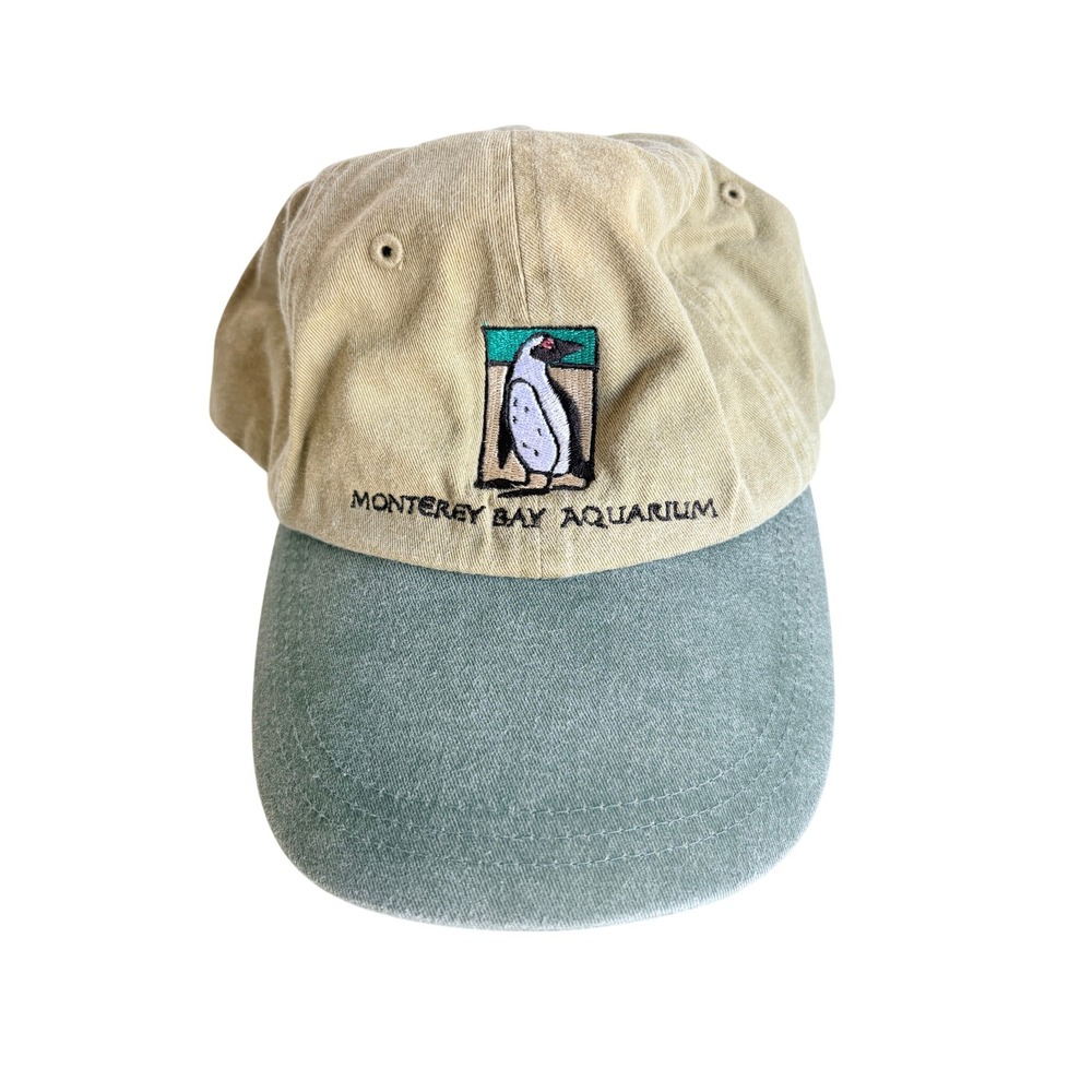 Vtg Monterey Bay Aquarium Penguin Hat FALCON Khaki Green Leather Strap Granola